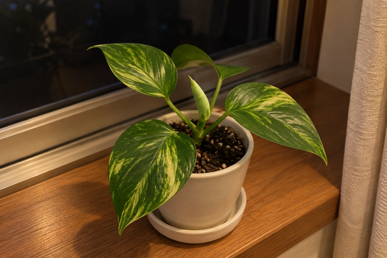 A small, still-curled new leaf, paler than the surrounding leaves, on a plant by the window at night.