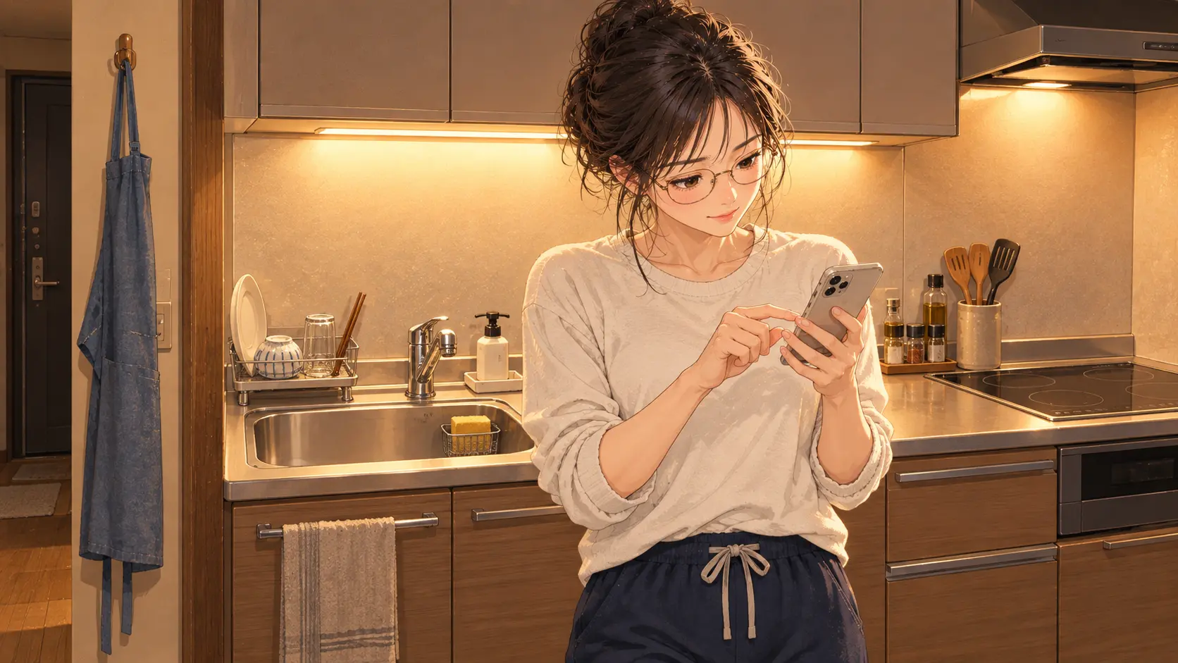 Shiori rereading the win-loss chart on her phone in the kitchen after washing up.