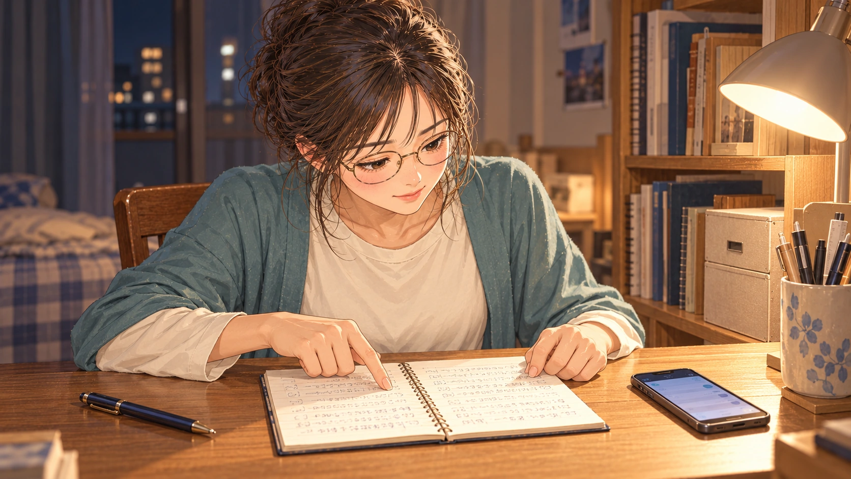 Shiori tracing the sumo results she has written in her notebook at her desk at night, with her phone beside it.