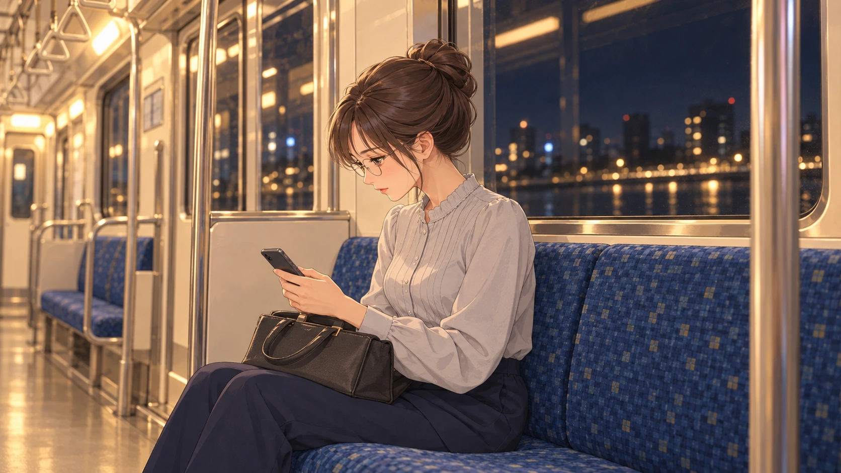 Shiori reading sumo results on her phone on the train home, with her bag resting on her lap.