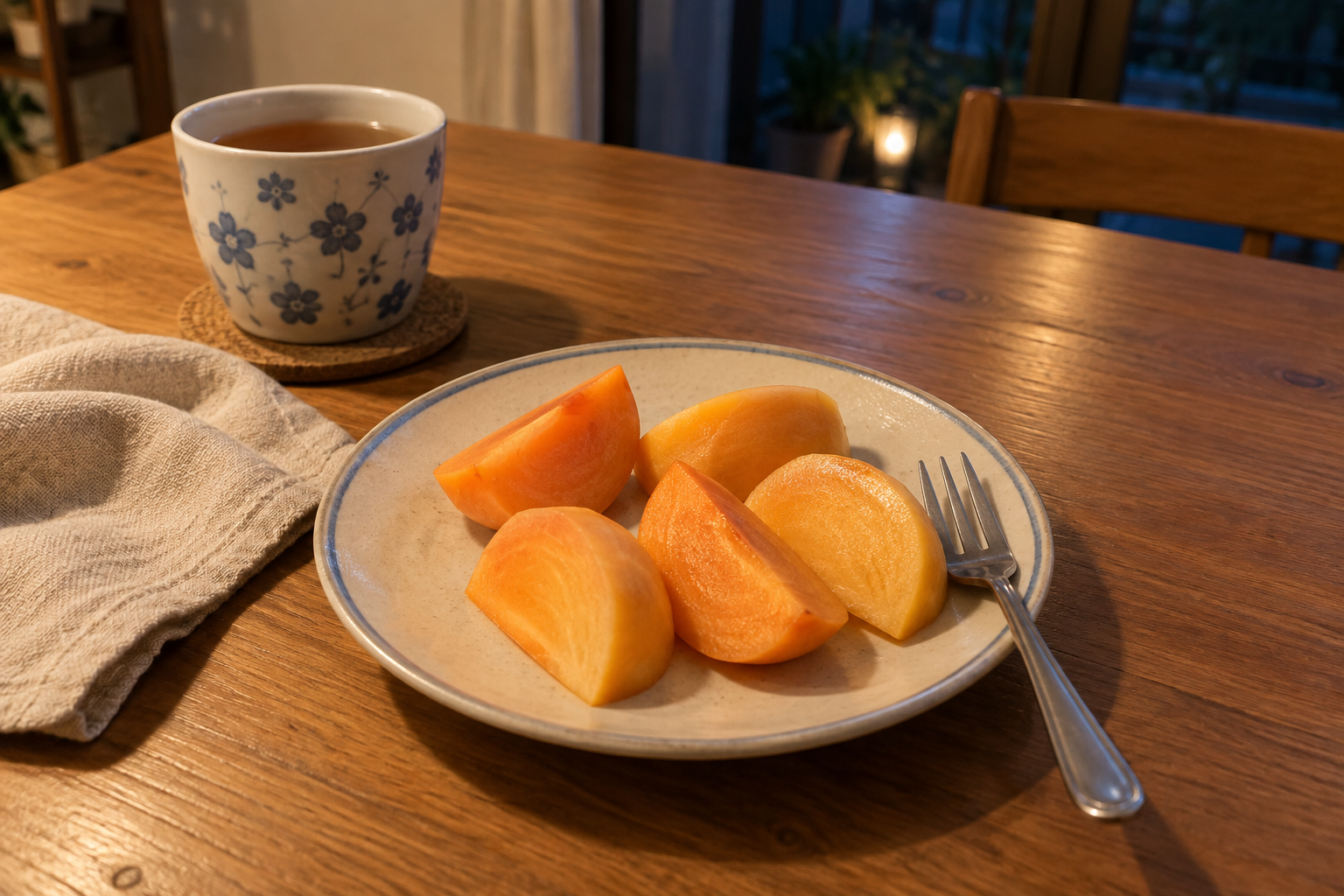 Persimmon slices and tea on a wooden table after dinner, with a fork to the right.