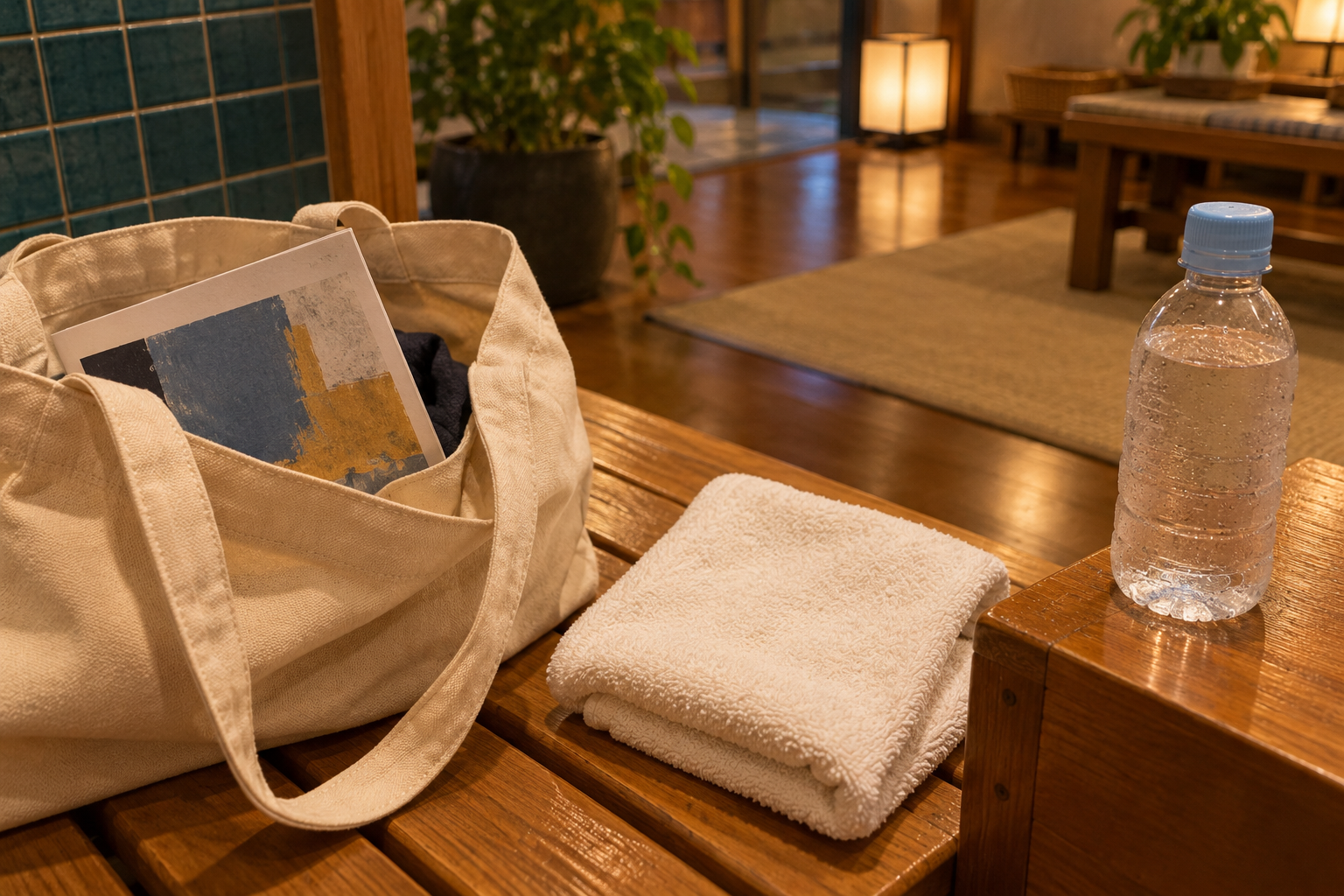 A fictional, unoccupied bathhouse rest area: a museum leaflet peeks from a tote beside a small towel and a bottle of cold water.