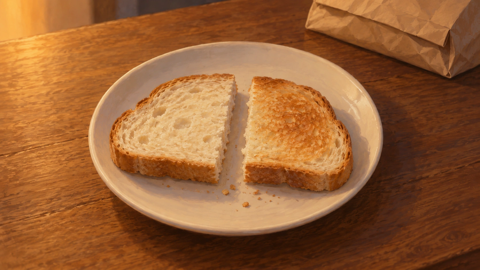 Two halves of the same slice of bread on a small plate, one lightly toasted and the other untoasted.