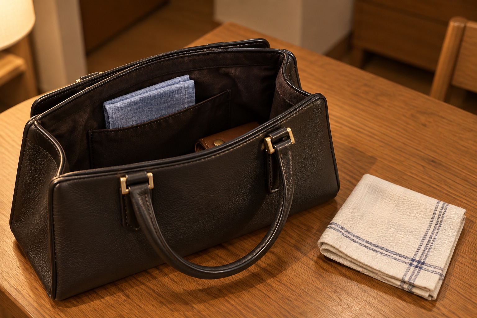 A folded blue handkerchief peeks out of a bag’s inner pocket. A white one with navy lines rests on the wooden table.