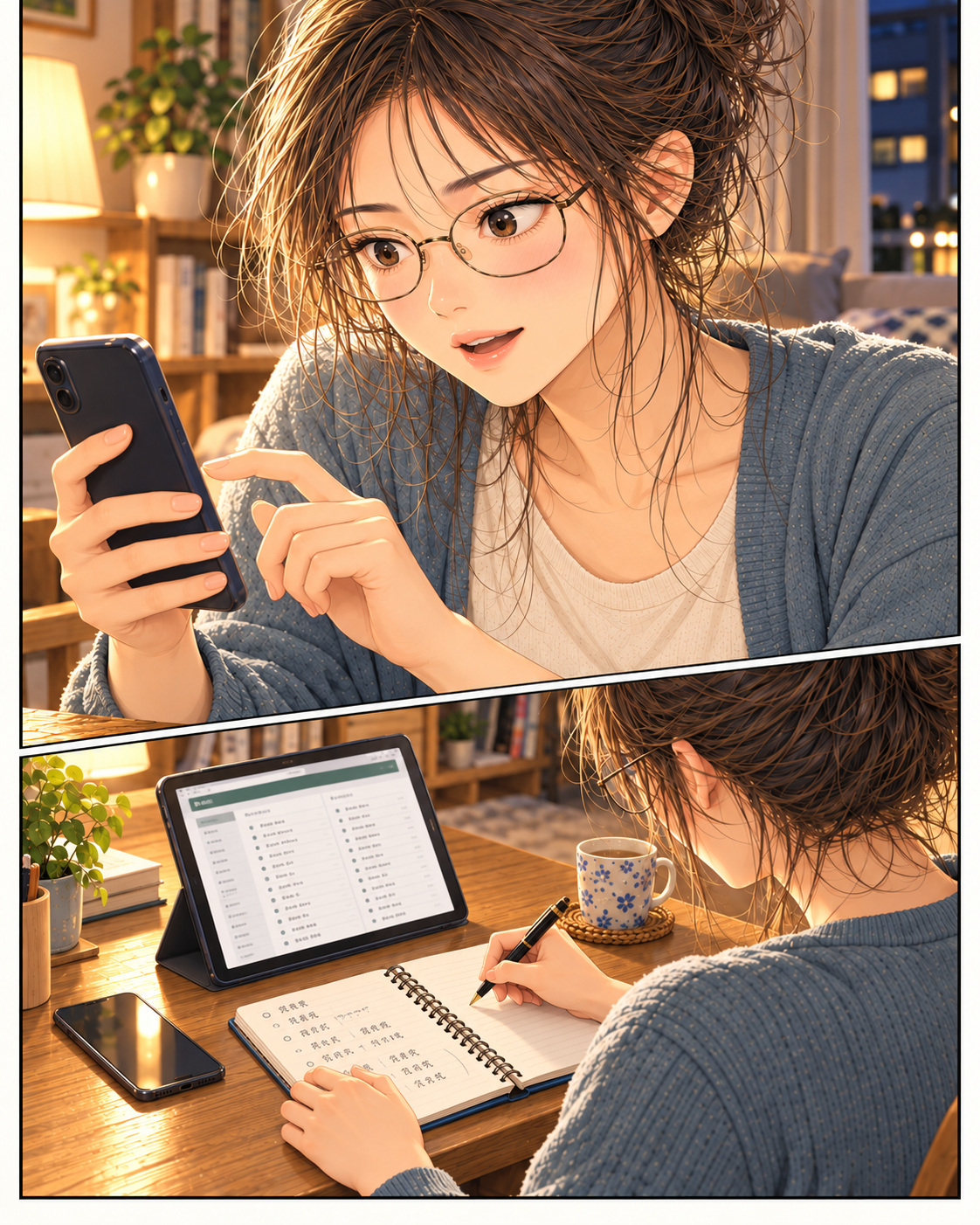 At home at night, Shiori looks at a phone, then opens her notebook with a pen in her right hand in front of a tablet.