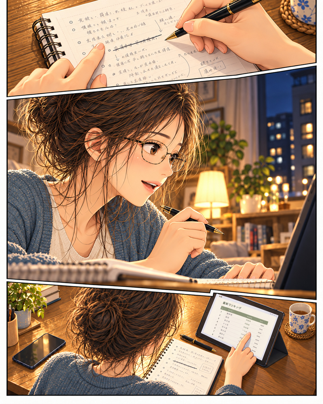 Shiori crosses out a note, smiles as she rethinks the comparison, then puts the pen down and returns to the tablet.