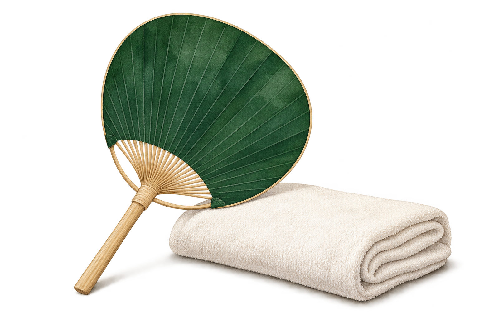 A plain green hand fan and white towel: an editorial illustration of hometown support.