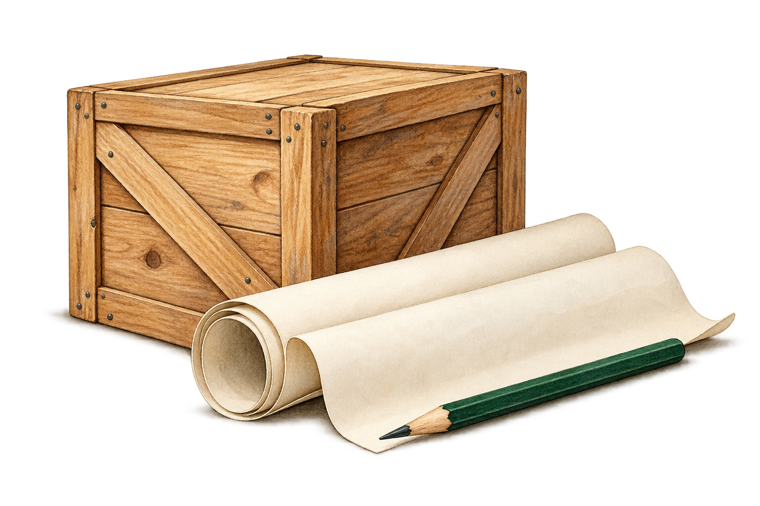An unmarked wooden crate, rolled blank paper and a pencil: an editorial illustration of overseas preparations.