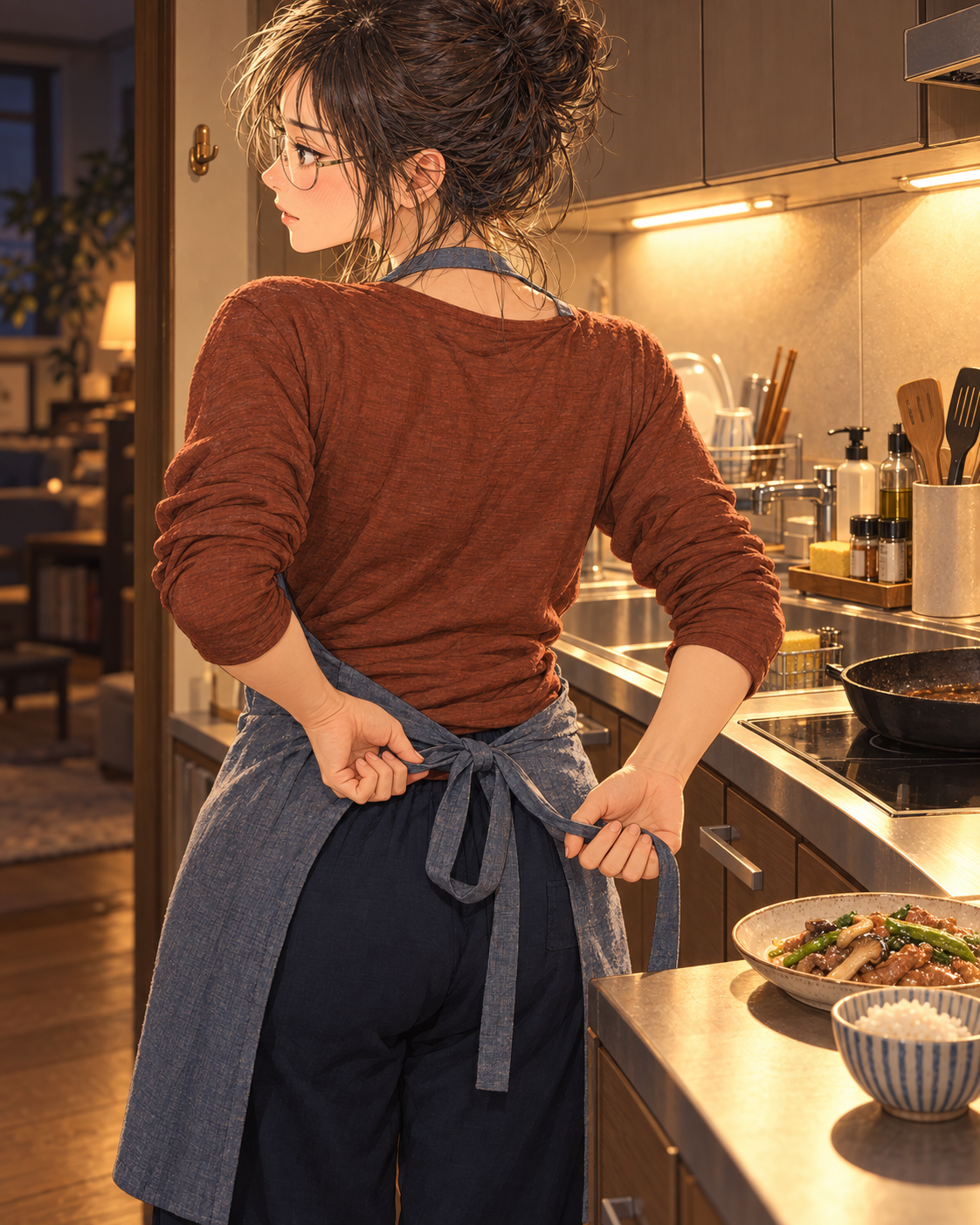 In the kitchen at dusk, Shiori loosens the apron ties behind her after plating dinner.