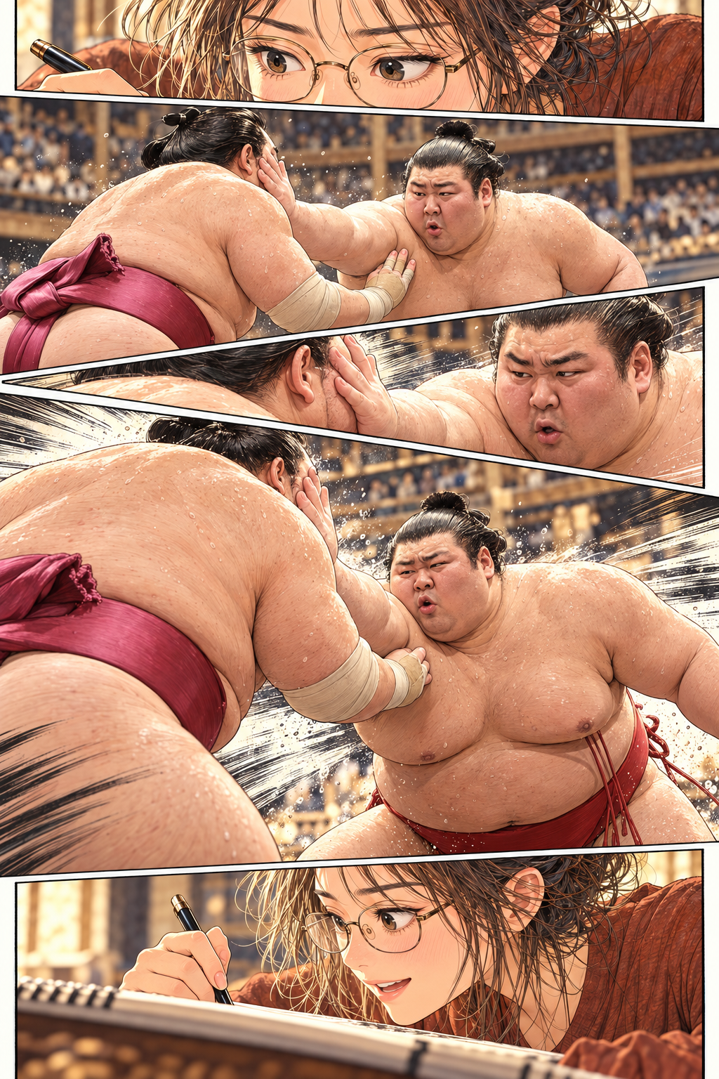 Five connected panels: Shiori’s morning gaze, red-belt Atamifuji pressing burgundy-belt Daieisho, a close detail, the larger pressure, and Shiori writing with delight.