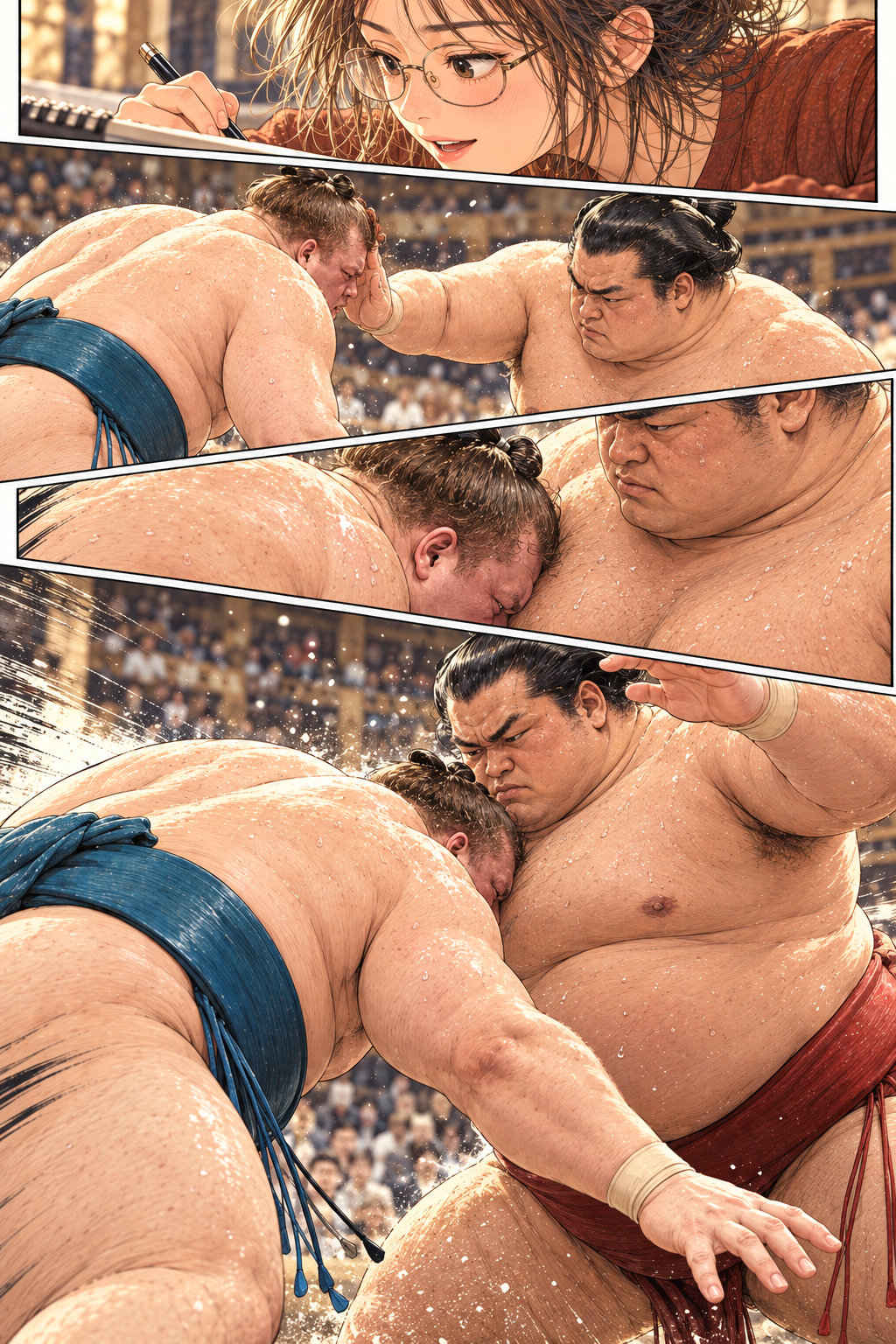 Four connected panels: afternoon Shiori, blue-belt Aonishiki under red-belt Takanosho’s pressure, close head contact, and a large view of the low advance.