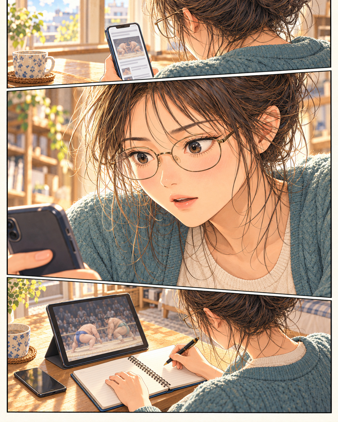 Three panels show Shiori reading news on her phone on Sunday morning, then watching a bout on a tablet and taking notes in an open notebook.
