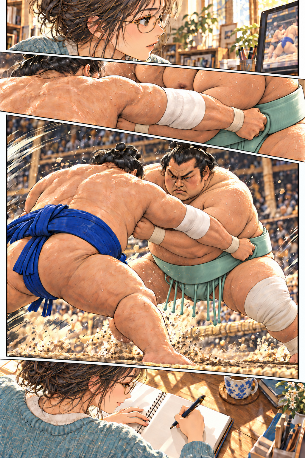 Close and wider views of Fujinokawa in blue taking a right overarm grip on Kotozakura’s mint-green belt, framed by Shiori’s profile and an over-the-shoulder view of her notebook.