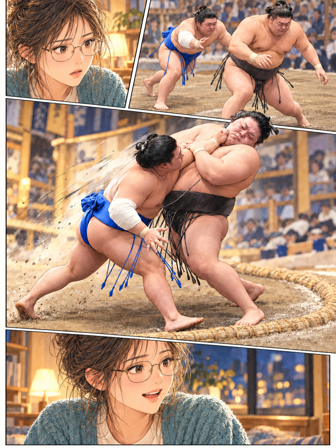 Four panels show Fujinokawa in blue pursuing Kirishima, Shiori watching intently, Fujinokawa driving forward with his left arm caught, and Shiori smiling after the exchange.