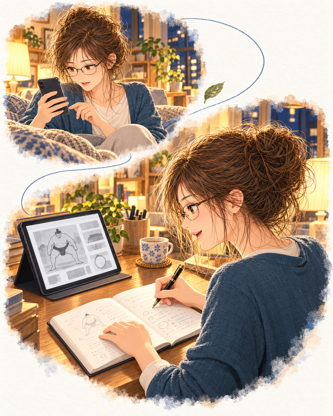At night, Shiori reads her phone on the sofa, then studies a shiko drawing on her tablet and writes with her right hand at her desk.