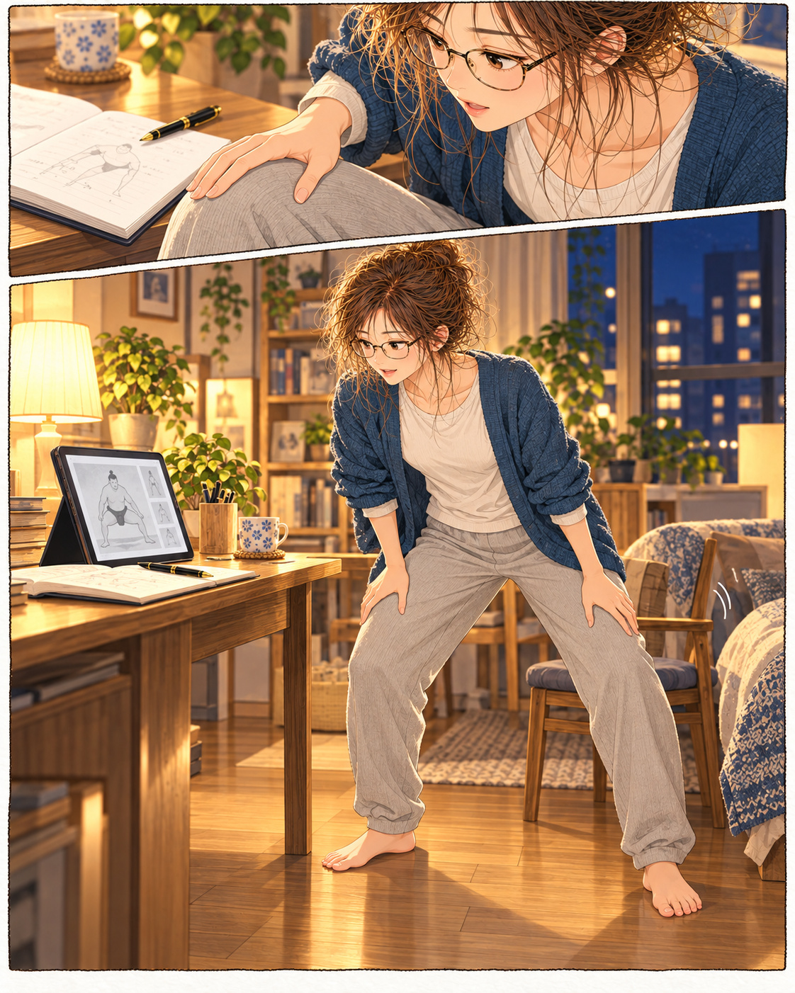 In the upper panel, seated Shiori rests her right hand on her right thigh. In the lower panel, she stands beside the desk with both feet on the floor, trying a small movement while looking at the tablet.