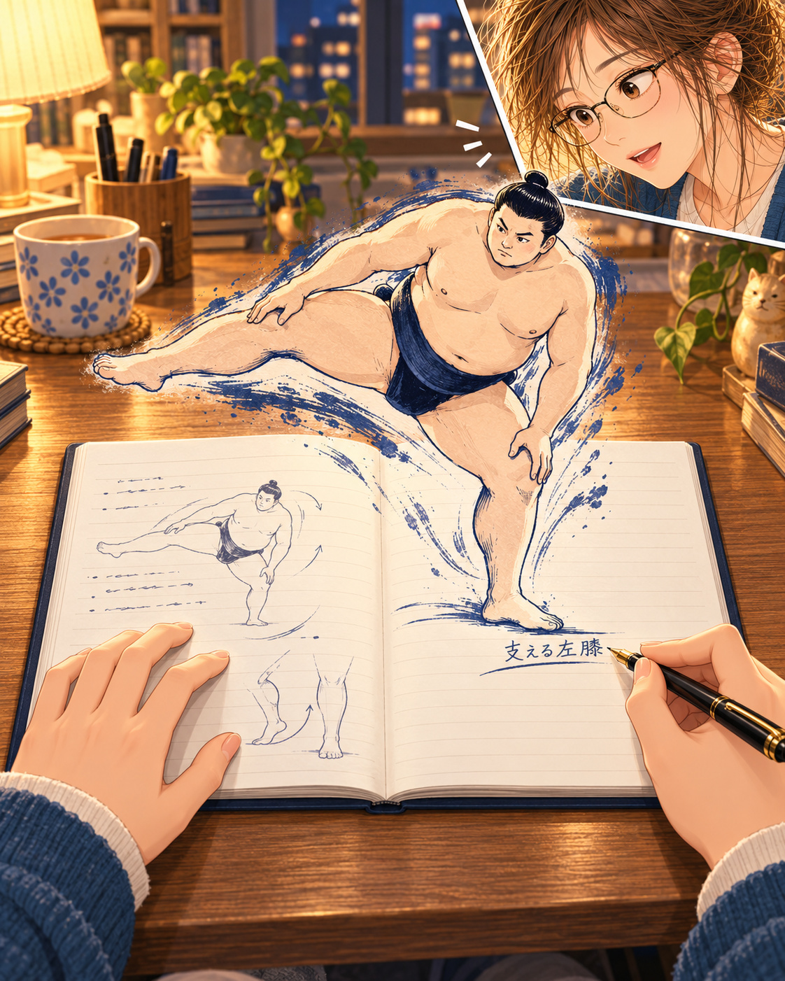 An imagined wrestler rises from the notebook’s reminder about the supporting left knee. A separate upper-right panel shows Shiori’s eyes widening with delight.