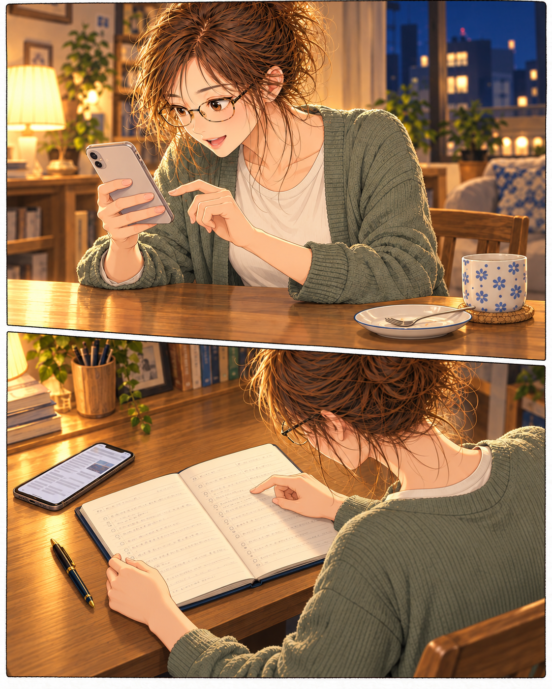 After dinner, Shiori reads a news story, then finds her earlier notes in a notebook opened flat on the desk.