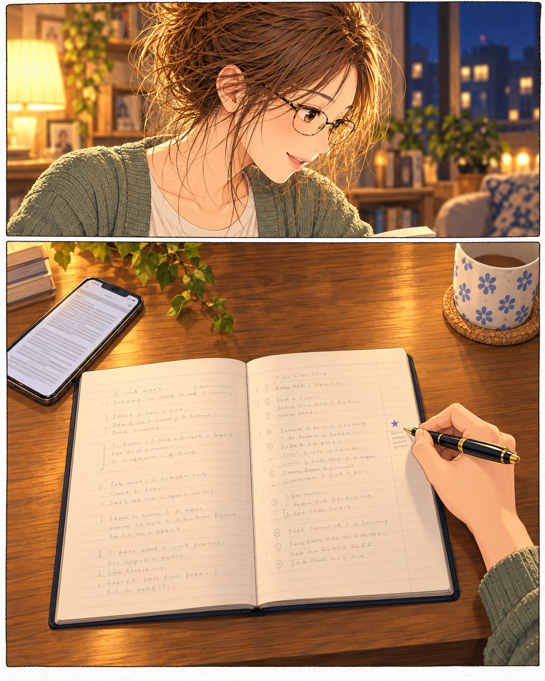 Shiori pauses over the new detail, then writes a small note in the right margin with her right hand.