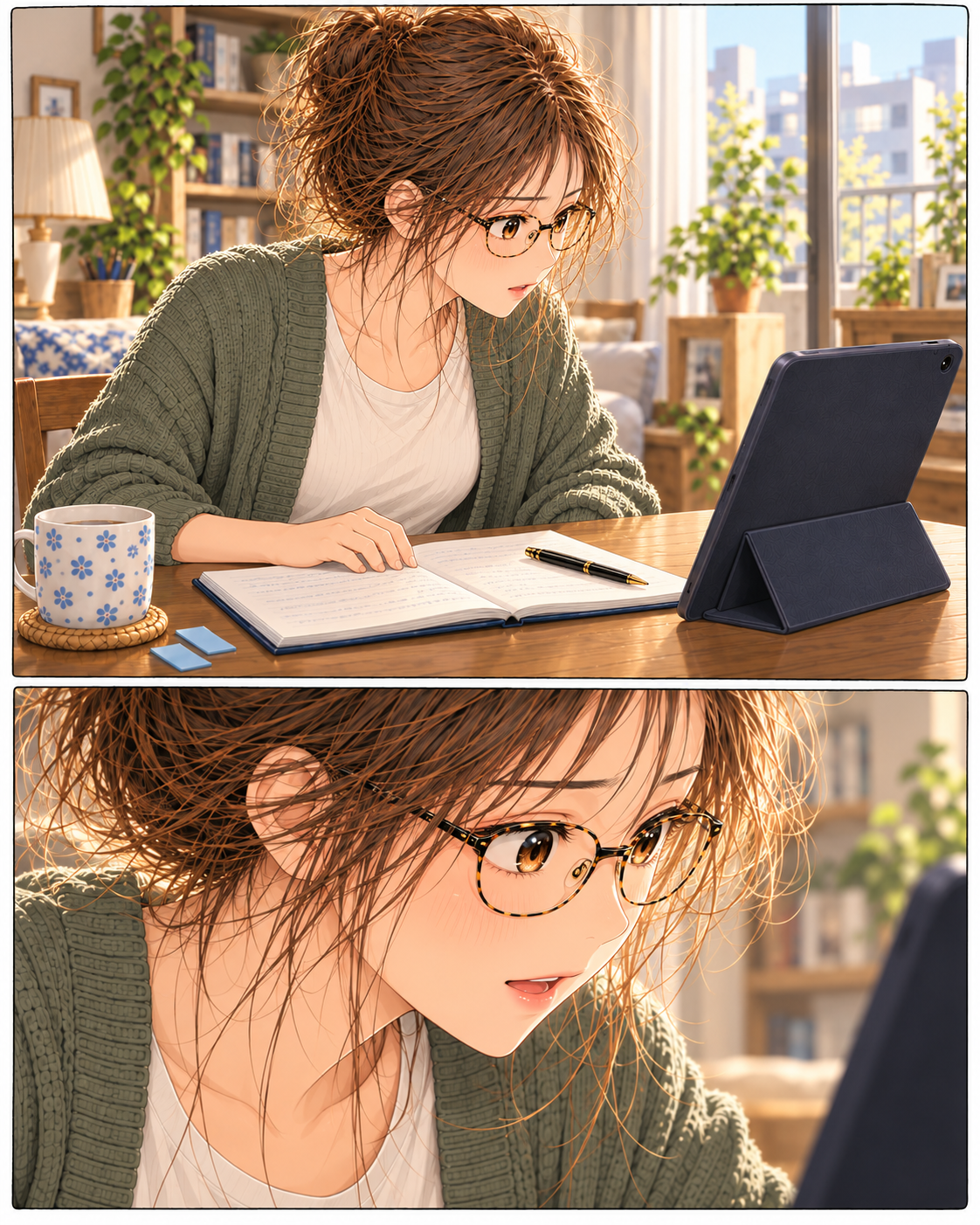 In the morning, Shiori turns from her notebook to a March bout and leans toward the screen, absorbed in Tobizaru remaining in the ring. An illustration of her reaction.