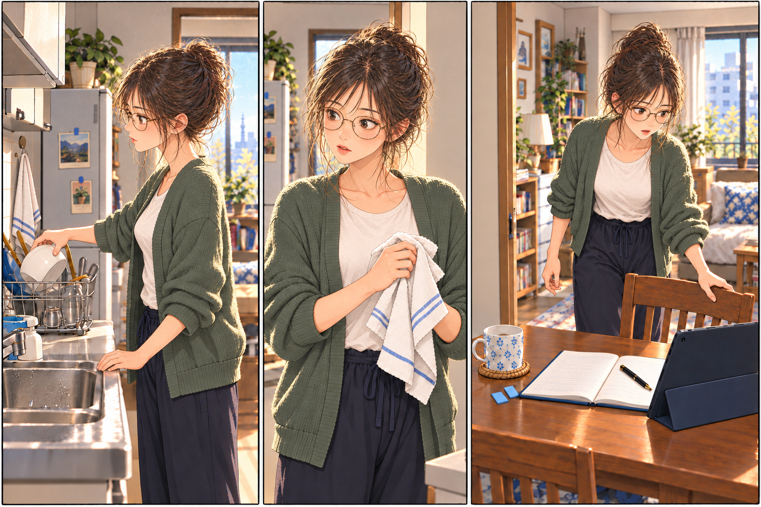 After finishing the lunch dishes, Shiori dries her hands and returns to the bout she cannot stop wondering about. The illustration connects the short walk from kitchen to desk with her renewed curiosity.