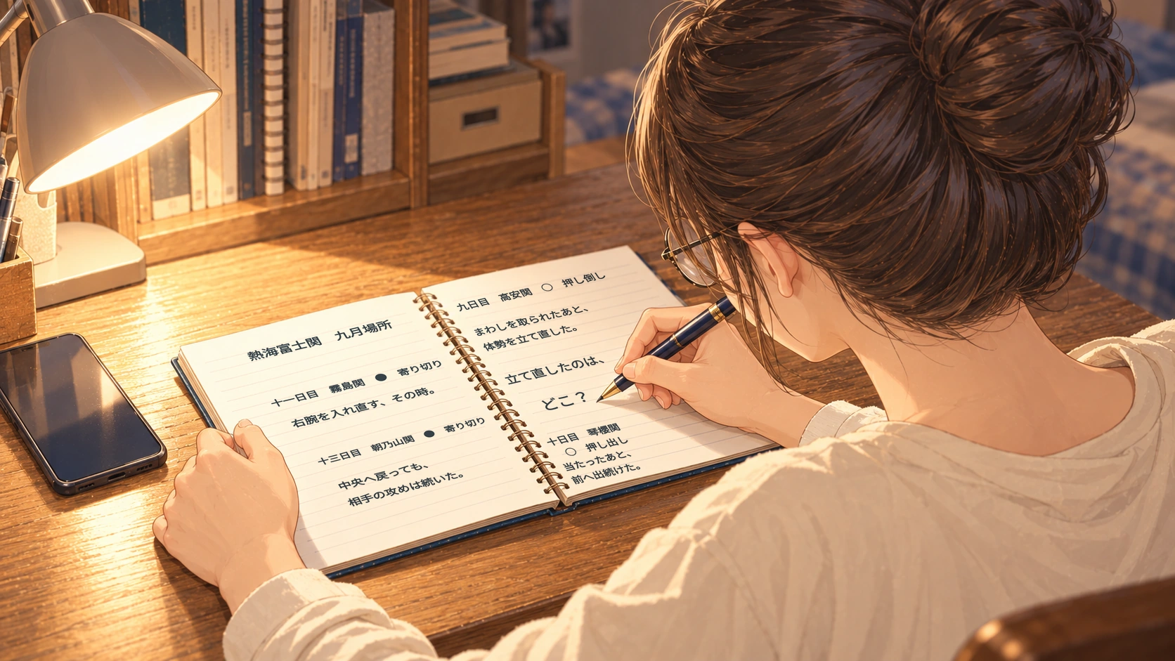An over-the-shoulder view of Shiori at her desk, adding “Where did he recover?” beside her notes on Atamifuji’s four bouts.