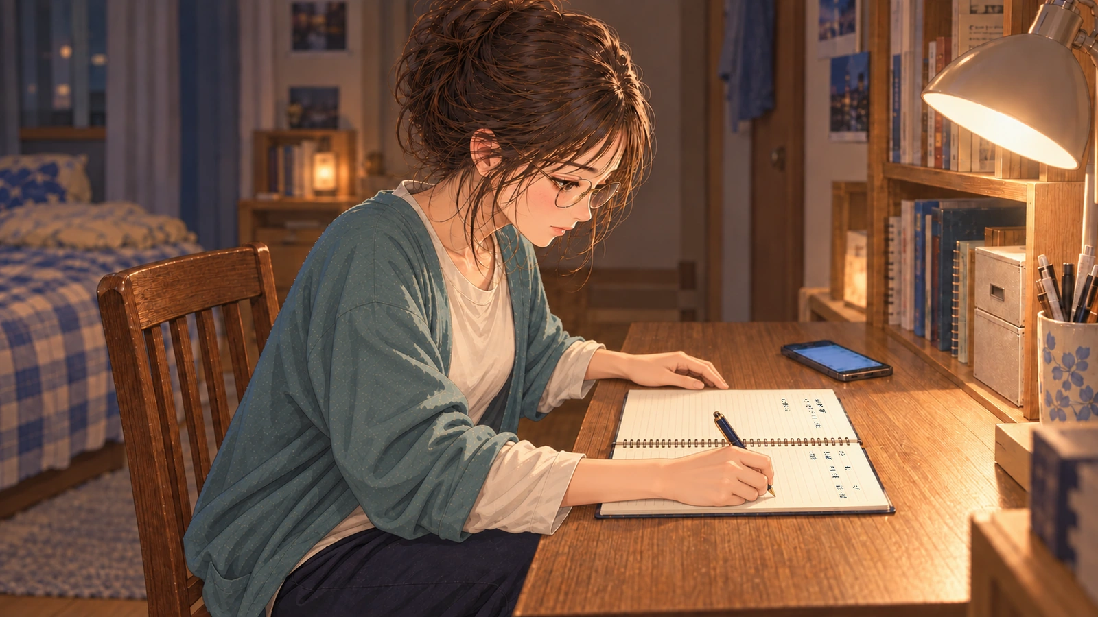 Shiori beginning to line up Atamifuji’s July and September opponents in her notebook at her desk at night, with her phone on the left.