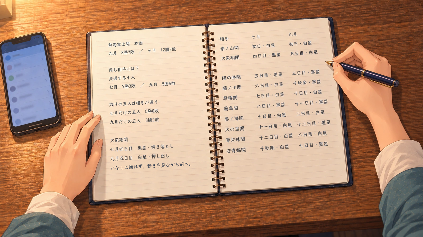 Shiori’s notes comparing Atamifuji’s regulation-bout results against ten shared opponents, with her pen paused beside the Daieisho row: a July loss and a September win.