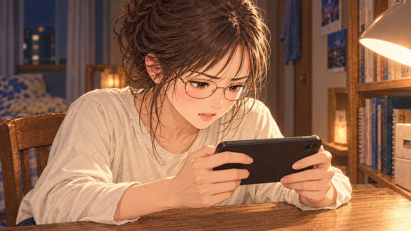 Shiori leans toward the phone in her hands, reacting with frustration as she revisits a September bout.