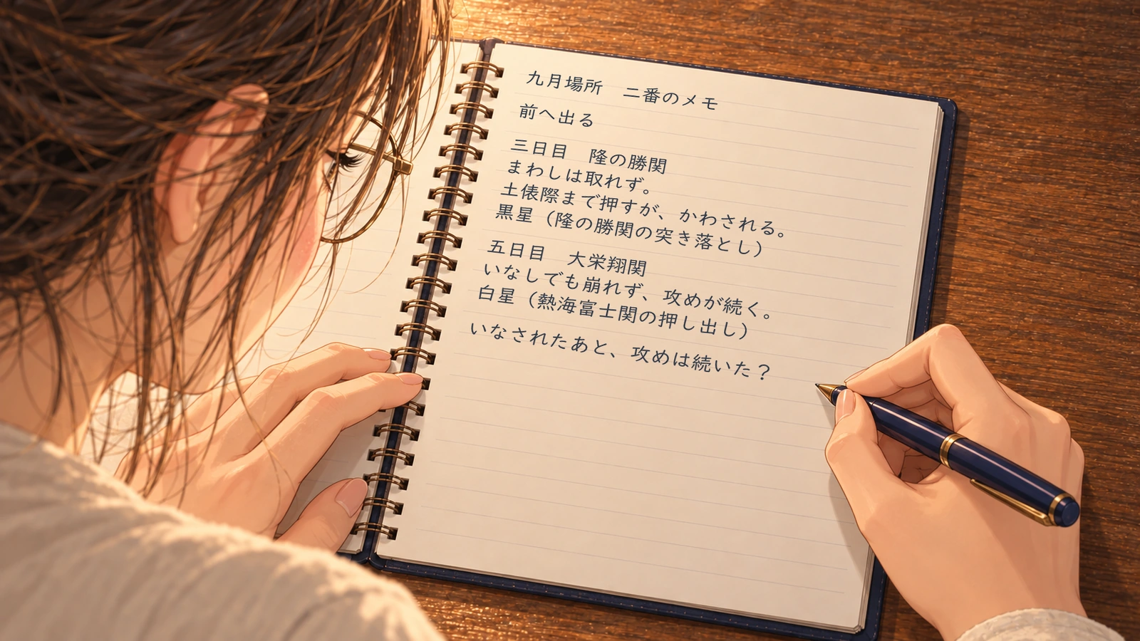 From close behind Shiori’s left shoulder, her pen pauses as she looks back at the Takanosho notes after adding a question.